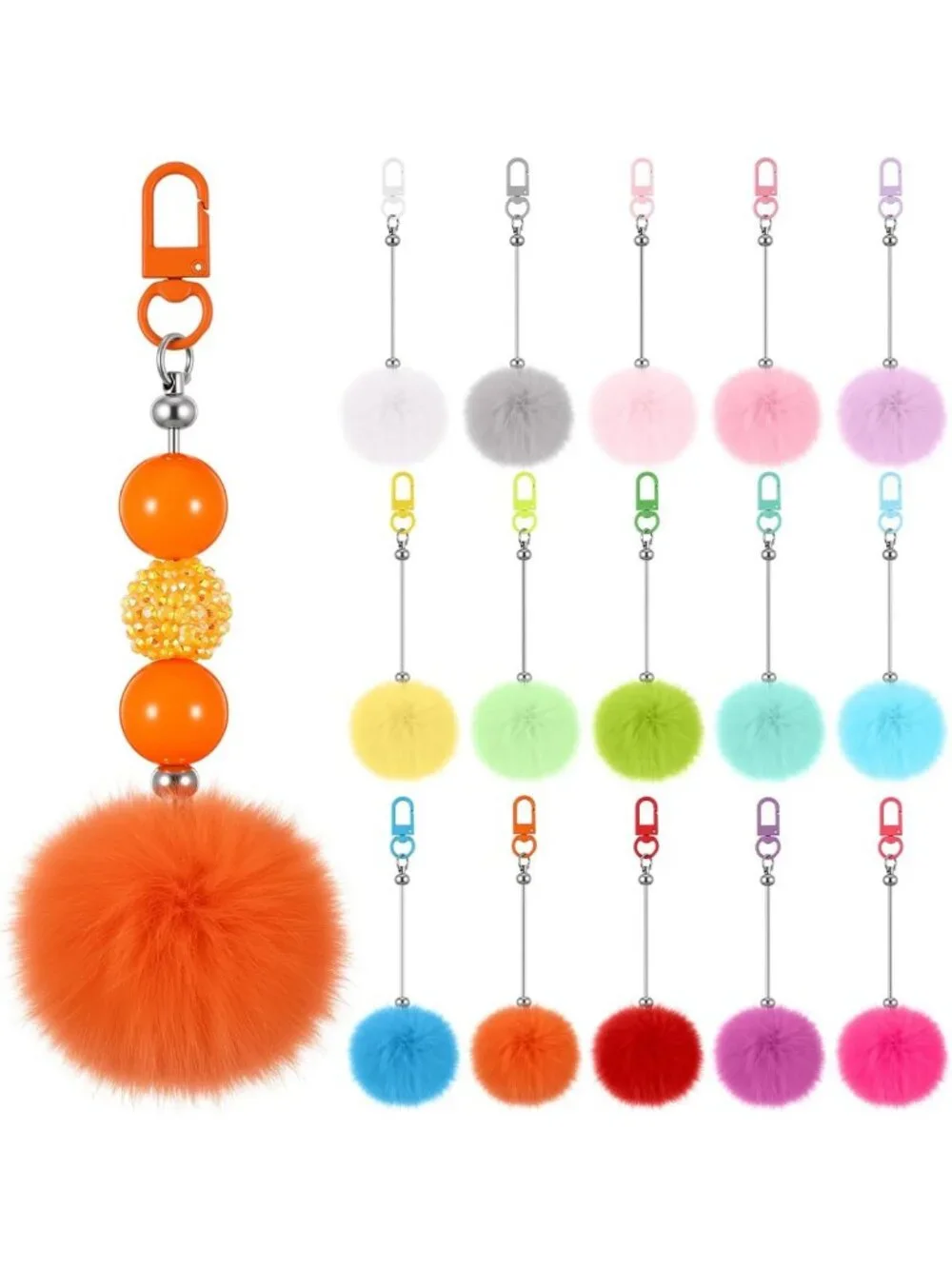30 Pack DIY Beadable Keychain Bars with Pompom Balls - Fluffy Craft Gift Jewelry